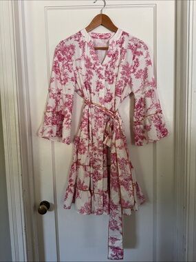 White & Pink Toile Print Wrap Dress
